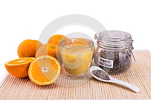 Chia seeds with fresh orange juice, healthy nutritious anti-oxidant drinks