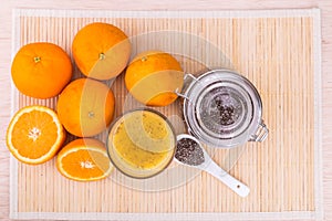 Chia seeds with fresh orange juice, healthy nutritious anti-oxidant drinks