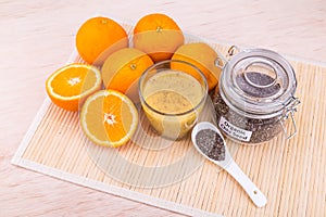 Chia seeds with fresh orange juice, healthy nutritious anti-oxidant drinks