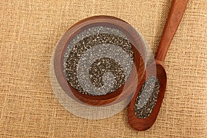 Chia Seeds Inside Wooden Bowl And Spoon