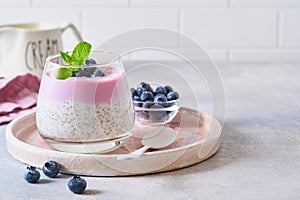 Chia seeds pudding with blueberry yogurt and fresh berries in glass prepared for healthy breakfast. Selective focus