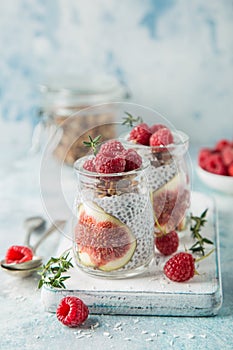 Chia seeds pudding with figs, raspberry and granola