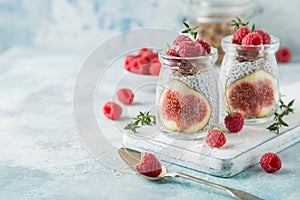 Chia seeds pudding with figs, raspberry and granola