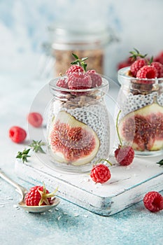 Chia seeds pudding with figs, raspberry and granola