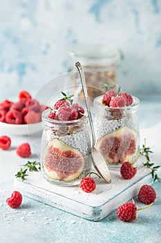 Chia seeds pudding with figs, raspberry and granola