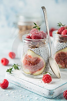 Chia seeds pudding with figs, raspberry and granola