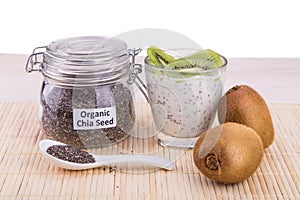 Chia seeds pudding with kiwi fruits, healthy nutritious anti-oxidant superfood.