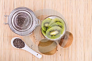 Chia seeds pudding with kiwi fruits, healthy nutritious anti-oxidant superfood.