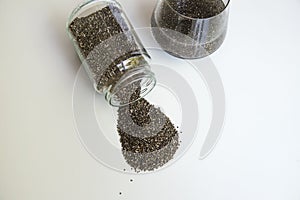 Chia seeds from the Salvia hispanica plant. Very healthy functional food to use in various recipes.