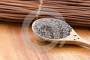 Chia seeds Salvia Hispanica in a wooden spoon
