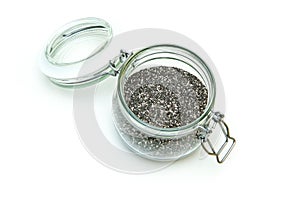 Chia seeds stored inside the closable glass bottle