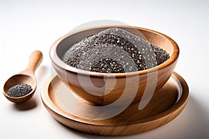 Chia seeds in a wooden bowl and spoon on white background. Generative AI
