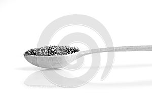 Chia seeds in wooden long spoon with reflexion isolated on white