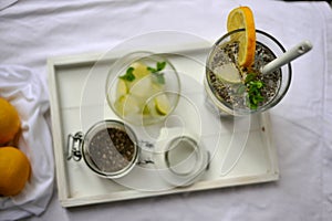 Chia water and lemon an excellent source of omega-3 fatty acids, rich in antioxidants, and they provide fiber, iron, and calci photo