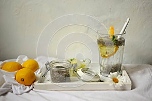 Chia water and lemon are an excellent source of omega-3 fatty acids, rich in antioxidants, and they provide fiber, iron, and calci photo