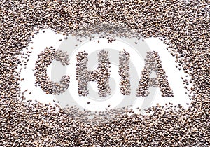 Chia word made up of chia seeds isolated on white background