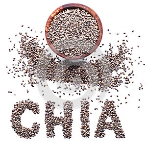 Chia word made up of chia seeds isolated on white background. Top view