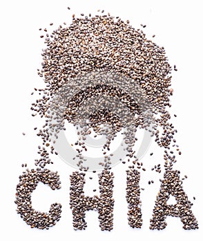 Chia word made up of chia seeds isolated on white background