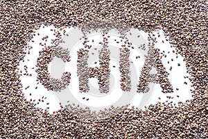 Chia word made up of chia seeds isolated on white background