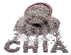 Chia word made up of chia seeds isolated on white background