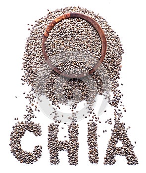 Chia word made up of chia seeds isolated on white background. Top view