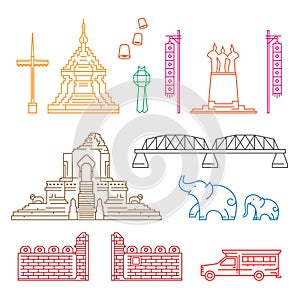 Chiang Mai symbol and landmark with abstract Line border art Vector Illustration set design