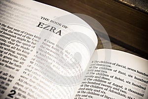 Chiang Mai, Thailand 30 March 2021.The Book of Ezra the Holy Bible, King James version.