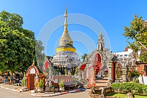 Chiang Mai, Thailand - December 25, 2018: Golden decorated pagoda at Wat Bubparam Temple