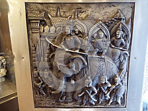 Elephant with warriors. Detail of the decoration on one of the doors of Wat Muen San, Chiang Mai Silver Temple