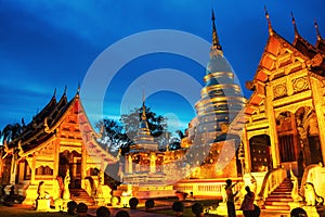 Chiang Mai, Thailand. Illuminated temples of Phra Singh