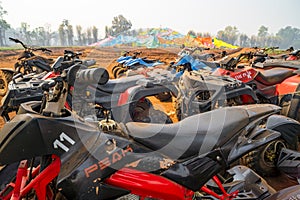 Chiang Mai/Thailand - March 14, 2019: A fleet of ATV quad bikes parking after the racing finished.