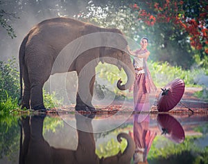 Chiang Mai, Thailand-May 13,2018: Young Asian Woman wearing Lanna traditional style costume with elephant in Chiang Mai, Thailand.