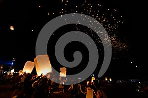 Chiang mai, Thailand- November 23, 2018:People releasing floating lanterns in the Loi Krathong festival