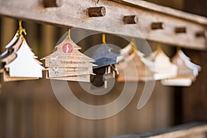 Chiang Rai, Thailand - January, 11, 2021 :  12 zodiac wooden planks in the shape of a house donation Label in Cherntawan