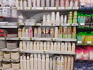 CHIANG RAI, THAILAND - SEPTEMBER 3 : many types of disposable styrofoam dinnerwares on supermarket shelf on September 3, 2020 in