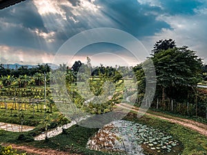 Chiangmai Province. Thailand sunlight shines through the clouded sky blue in the countryside area valley of Chiangmai Province.