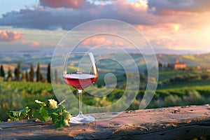 Chianti Wine Glass with a Tuscan Vineyard Landscape at Sunset