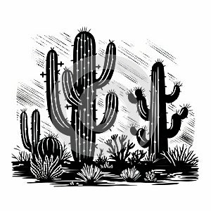 Chiaroscuro Cactus Woodcut Print - Black And White Desert Vector photo