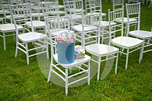 Chiavari chairs on grass. Diagonal composition.