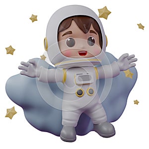 A chibi astronaut standing in front of a cloud with both hands open and some stars around him photo