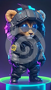 chibi cute futuristic soldier lion wearing cyberpunk jacket. AI Generative