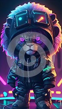 chibi cute futuristic soldier lion wearing cyberpunk jacket. AI Generative