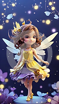 Chibi Fairy: 3D Illustration in Blue, Gold, and Lilac with Long Black Hair