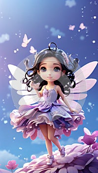 Chibi Fairy: 3D Illustration in Blue, Gold, and Lilac with Long Black Hair