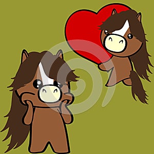 chibi little baby horse cartoon holding valentine red heart illustration pack in vector format