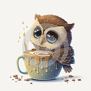 Chibi Owl Drinking Hot Chocolate - Generative AI