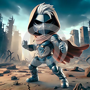 Chibi superhero wearing mask and red hood in combative stance