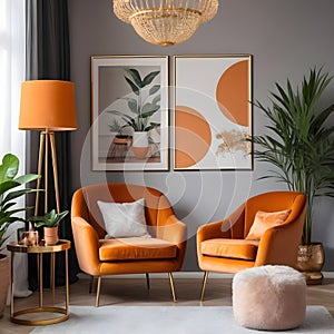 Chic arrangement of a retro living room interior featuring a mock-up poster frame, a velvet sofa, a vintage orange chair...