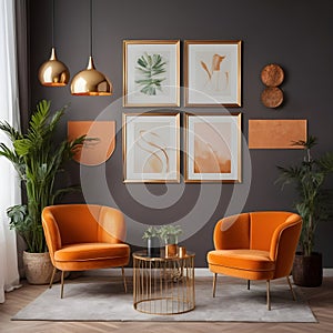 Chic arrangement of a retro living room interior featuring a mock-up poster frame, a velvet sofa, a vintage orange chair...