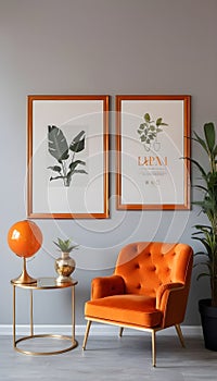 Chic arrangement of a retro living room interior featuring a mock-up poster frame, a velvet sofa, a vintage orange chair...